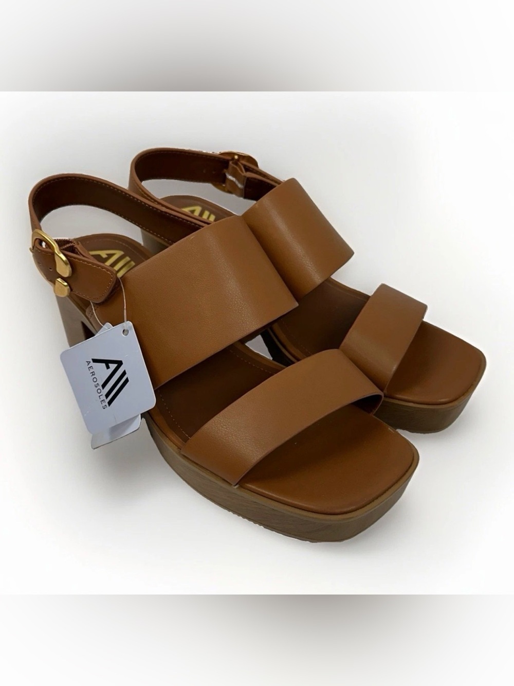 Aerosoles Tara Women 11W Tan Platform Block Heel Sandals Wide Comfort NWT